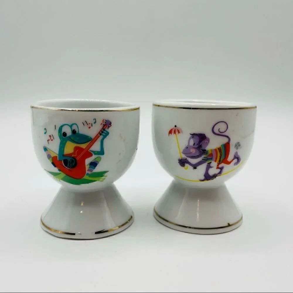 Set of Vintage Cute Animal Frog Monkey Egg Cups